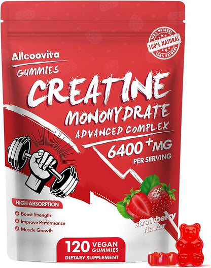 Creatine Monohydrate Gummies Complex 6400mg for Men & Women - 120 Gummies Advanced Formula, L-Taurine + Vitamin B12 for Muscle Strength, Muscle Builder, Energy Boost, Pre-Workout Supplement-Strawberry