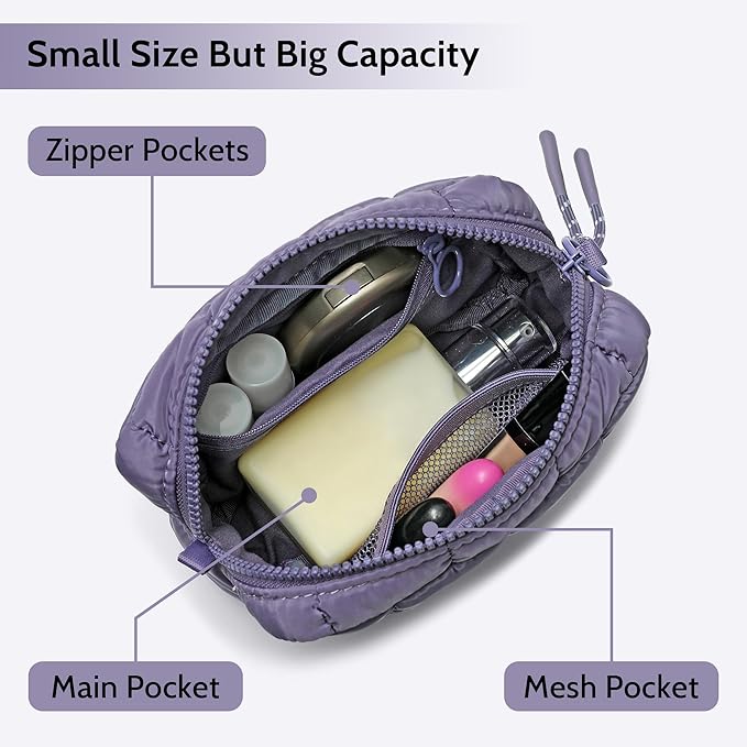 Quilted Cosmetic Bag, Puffer Makeup Bags, Crossbody Purses for women,Cute Travel Toiletry Bag for Women (Purple)