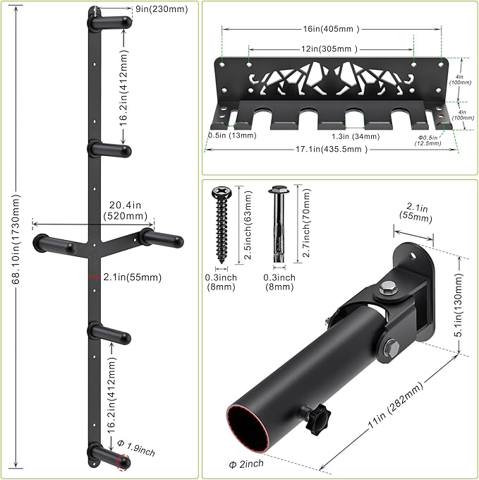 Kipika Gym Organizer Set Wall Mounted Weight Plate Storage Rack Barbell Storage Rack with T-Bar Row Landmine Platform Attachment Durable Steel Construction Easy Installation