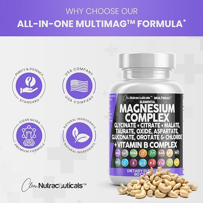 Clean Nutraceuticals Magnesium Complex 2285mg with Magnesium Glycinate Citrate Malate Oxide Taurate Aspartate Orotate & Mag Chloride, Zinc Copper Manganese & Vitamin C B1 B2 B6 B12 Complex - 1Pack