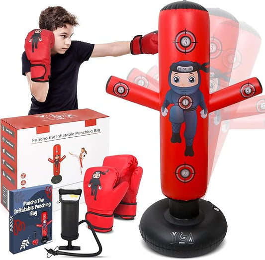 PUNCHO Inflatable Punching Bag for Kids - 63" Kid Boxing Bag Set - Karate Gifts for Boys and Girls Age 3-12 - Kids Punching Bag & Birthday Gift with Boxing Gloves, Air Pump, eBook - Ninja Kid Toys