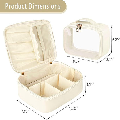 PU Leather Makeup Bag Set - 2 PCS Travel Cosmetic Organizer with Clear Pouch for Women and Girls (White)