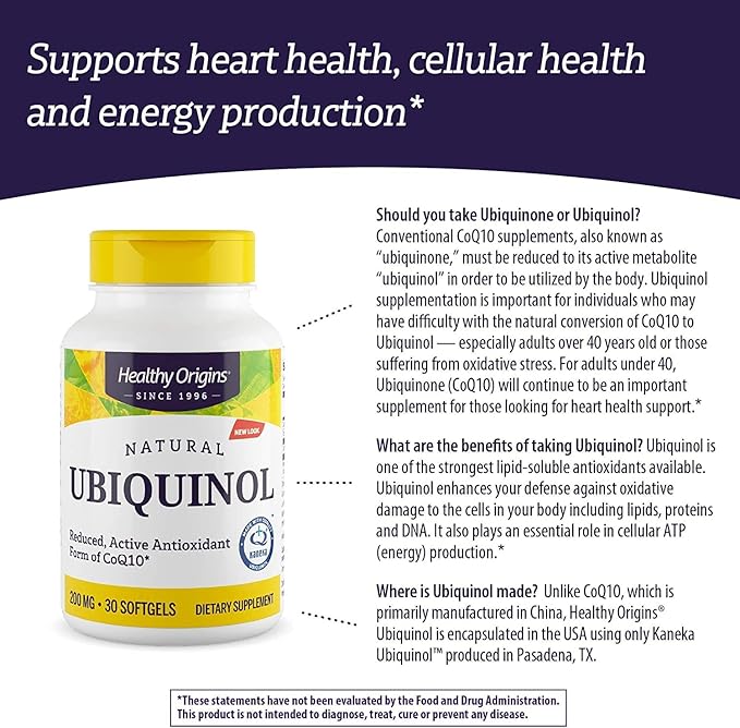 Healthy Origins Ubiquinol (Active Form of CoQ10), 200 mg - Activated Form of CoQ10 - Kaneka Ubiquinol Supplements for Heart Health & Antioxidant Support - Gluten-Free & Non-GMO - 30 Softgels