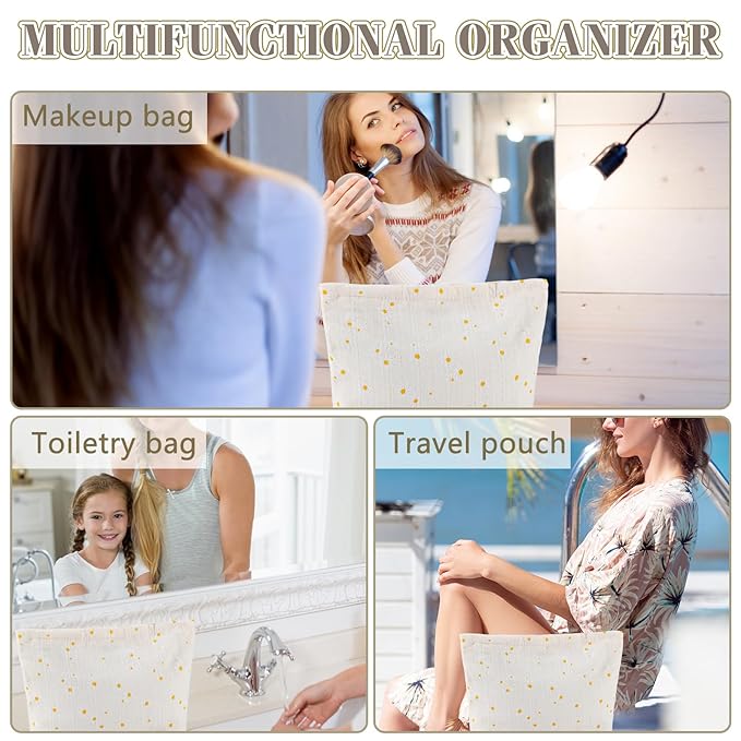 ZLFSRQ Daisy Flower Makeup Bag Travel Cute Floral Cosmetic Bags for Women Large White Toiletry Pouch Zipper Cosmetic Pouch for Purse Aesthetic Makeup Organizer Bag Portable Toiletry Bags