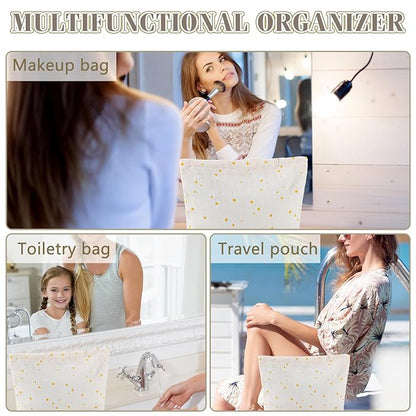 ZLFSRQ Daisy Flower Makeup Bag Travel Cute Floral Cosmetic Bags for Women Large White Toiletry Pouch Zipper Cosmetic Pouch for Purse Aesthetic Makeup Organizer Bag Portable Toiletry Bags