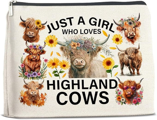Highland Cows Gifts Makeup Bag Cow Lover Gifts for Women Girls Just a Girl Who Loves Highland Cows Zipper Makeup Pouch