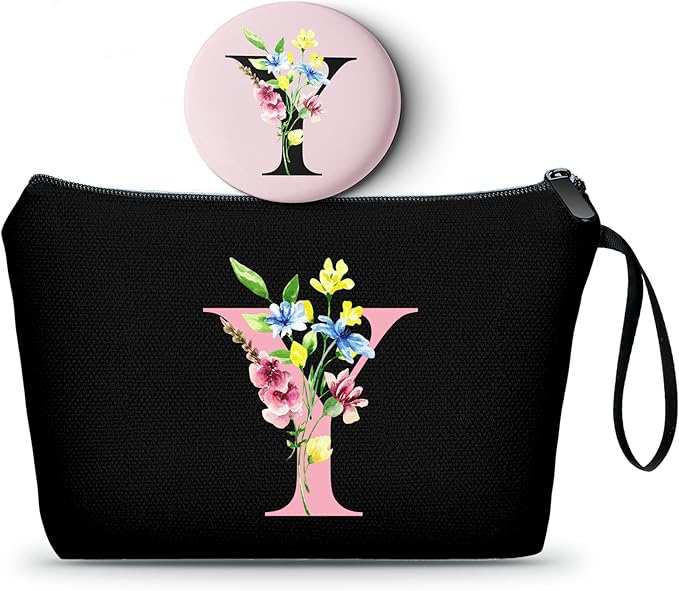 SEAMOON Women Birthday Unique Initial Funny Gifts for Teenage Girl Sister Friends Bridesmaid Personalized Travel Make up Cosmetic Bag with Mirror Valentines Mothers Day Christmas Graduation Y