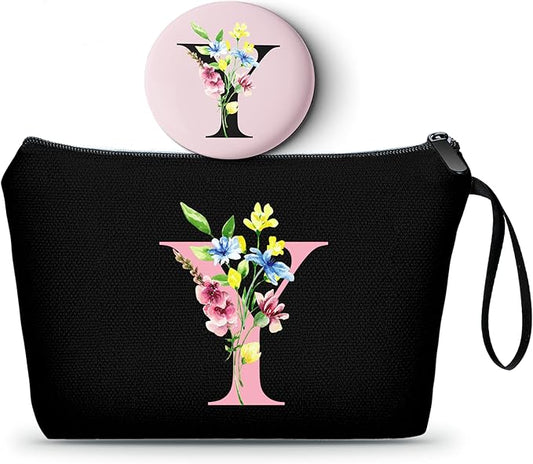 SEAMOON Women Birthday Unique Initial Funny Gifts for Teenage Girl Sister Friends Bridesmaid Personalized Travel Make up Cosmetic Bag with Mirror Valentines Mothers Day Christmas Graduation Y