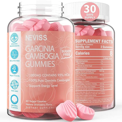Sugar Free Garcinia Cambogia Gummies 1000mg 95% HCA Pure Extract with L-Carnitine, Raspberry Ketone, Chromium, Green Coffee Bean for Metabolism, 100% Organic Extract, Vegan, Strawberry Flavor 60 Cts