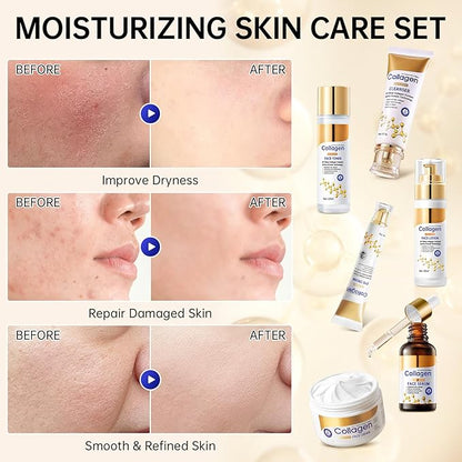 Collagen Skin Care Set, Anti Aging Skincare Set for Face, Shrink Pores, Hydrate & Firm Skin, 6 Pcs Individually Packaged Skincare Kits for Women with Cleanser, Toner, Lotion, Serum, Cream, Eye Cream.