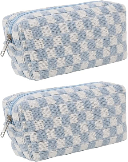 SxoSyo 2 Pcs Cosmetic Bags for Women Makeup Bag Purse Travel Toiletry Zipper Storage Pouch Make up Brushes Organizer for Gifts (Checkered, Blue 2)