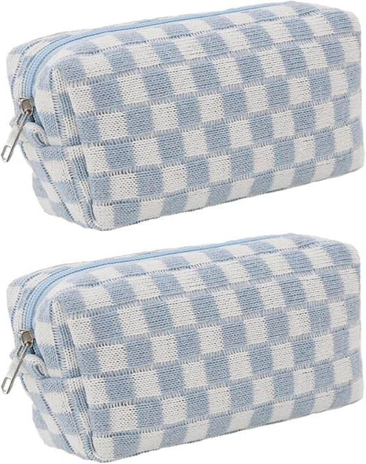 SxoSyo 2 Pcs Cosmetic Bags for Women Makeup Bag Purse Travel Toiletry Zipper Storage Pouch Make up Brushes Organizer for Gifts (Checkered, Blue 2)