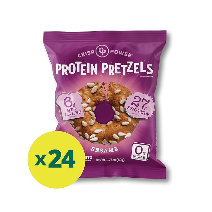 Crisp Power High Protein Pretzel Crisps - 6 Pack x 1.75 oz Crunchy & Flavorful Plant-Based Snack. No Sugar, 28g Protein Per Pack in 3 Savory Flavors, Vegan, Keto Friendly, Non-GMO, Kosher Non-Dairy (1.75 Ounce (Pack of 24), Sesame)