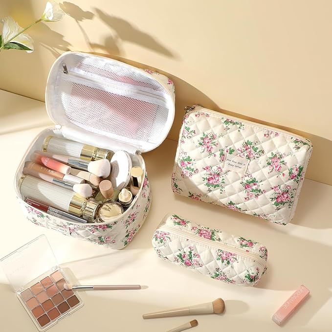 Quilted Makeup Bag Set 3 Pcs Cotton Cute Makeup Bags For Women Large Aesthetic Floral Cosmetic Bag Coquette Flower Makeup Pouch