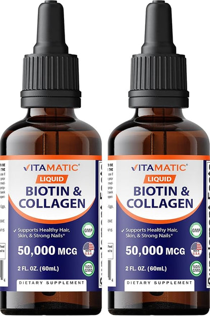 Vitamatic 2 Packs Liquid Biotin & Collagen for Hair Growth - Women & Men – Supports Glowing Skin, Healthy Hair & Nail Growth (2Fl Oz)