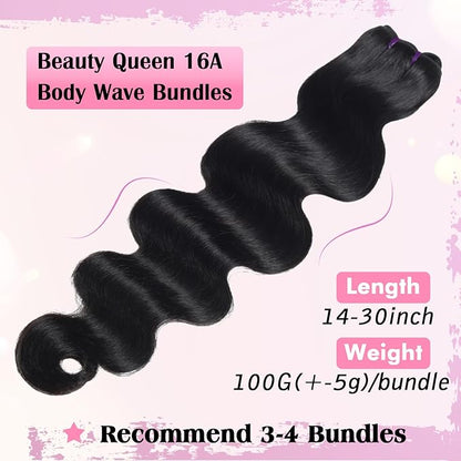 Beauty Queen 16A Body Wave Bundles Human Hair (22, 20, 18 Inch) 100% Unprocessed Virgin Remy Human Hair Full And Thick Quick Weave Hair Bundles Natural Color Hair Extensions