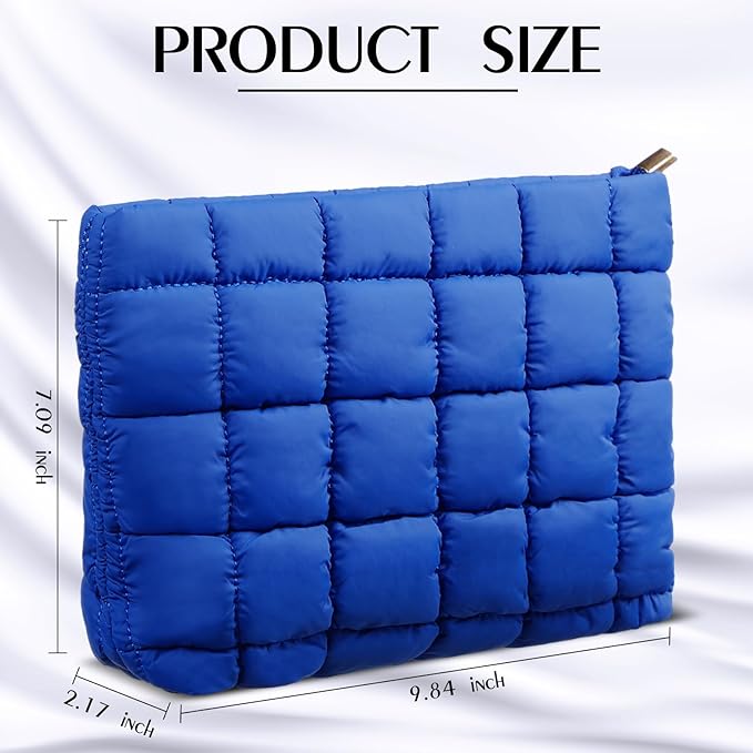 Hillban Puffy Quilted Makeup Bag Quilted Cosmetic Bag Cute Puffer Toiletry Checkered Pouch Aesthetic Travel Makeup Brushes Organizer(Blue,Classic)