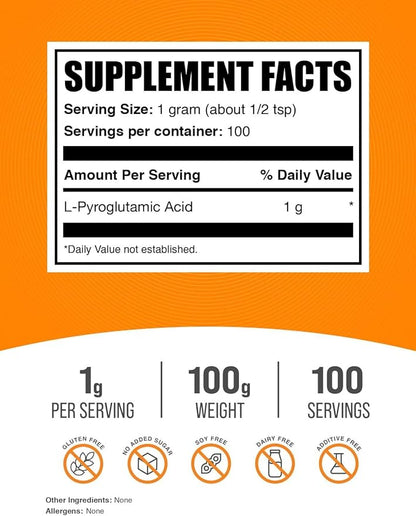 BulkSupplements.com L-Pyroglutamic Acid Powder - Pyroglutamic Acid Supplements, Amino Acid Supplement - for Well-Being, Gluten Free, 1000mg per Serving, 100g (3.5 oz) (Pack of 1)
