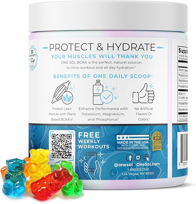 One Sol BCAA & Electrolyte Powder for Hydration & Energy, All-Natural Formula, 100% Vegan, Non-GMO, Gluten Free & Soy-Free, Promotes Muscle Growth & Recovery, Gummy Bear Flavor