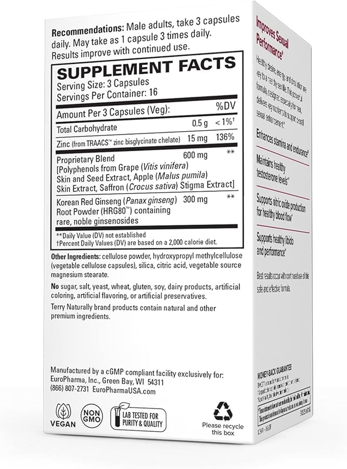 Terry Naturally Male Sexual Health - Dietary Supplement to Support Healthy Blood Flow & Circulation - Herbal Supplement with Korean Red Ginseng - Supplement for Men to Aid Healthy Energy - 48 Capsules