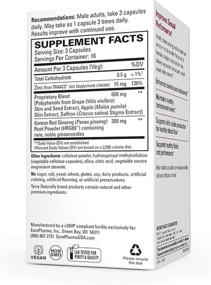 Terry Naturally Male Sexual Health - Dietary Supplement to Support Healthy Blood Flow & Circulation - Herbal Supplement with Korean Red Ginseng - Supplement for Men to Aid Healthy Energy - 48 Capsules
