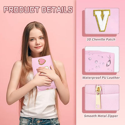 TOPEAST Preppy Things Initial Makeup Bag Monogrammed Cosmetic Bag for Daily Use, Cute Birthday Gift for Teen Girls, Pink