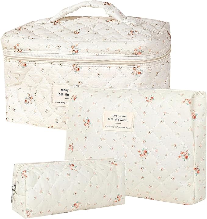 Quilted Cosmetic Bag Set, 3 PCS Cotton Floral Makeup Bags, Makeup Bag Set, Flower Travel Toiletry Organizer Bag, Coquette Makeup Pouch, Large Make Up Bag for Women (Small Flowers)