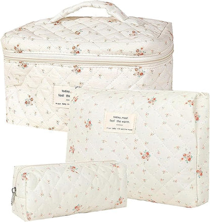 Quilted Cosmetic Bag Set, 3 PCS Cotton Floral Makeup Bags, Makeup Bag Set, Flower Travel Toiletry Organizer Bag, Coquette Makeup Pouch, Large Make Up Bag for Women (Small Flowers)