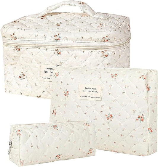 Quilted Cosmetic Bag Set, 3 PCS Cotton Floral Makeup Bags, Makeup Bag Set, Flower Travel Toiletry Organizer Bag, Coquette Makeup Pouch, Large Make Up Bag for Women (Small Flowers)