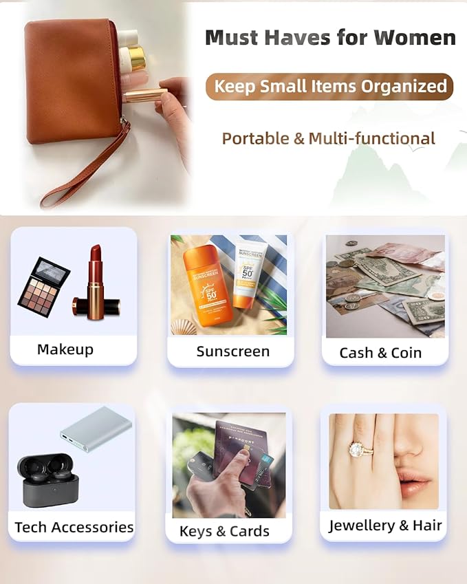 Small Makeup Bag for Purse Mini Cosmetic Pouch Zipper Little Wristlet, Tiny Make Up Organizer Lipstick Feminine Product Car Change Coin Holder for Women, 4.5 x 6.5 Clutch Stadium Approved, 1 Brown