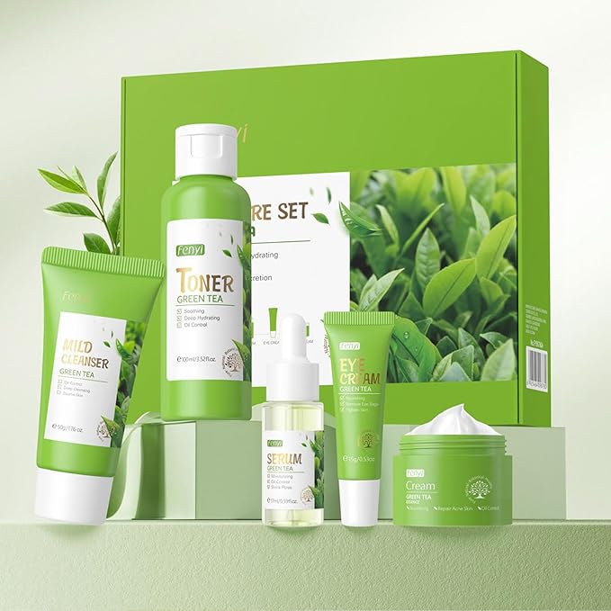 Green Tea Skincare Set, 5 Pcs Skincare Gift Set with Cleanser, Face Serum, Face Cream, Eye Cream, Toner , Skincare Kits For Teen Girls, Hydrating Facial Kit For Women