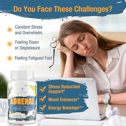 Adrenal Support Adaptogens Herbs Supplements - Cortisol Supplement with Rhodiola Rosea, Ashwagandha, Holy Basil and Eleuthero-Mood and Energy Support for Women & Men-Non-GMO, 60 Vegan Tablets