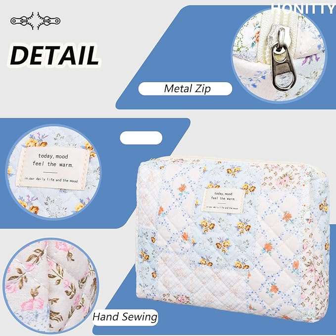 Quilted Makeup Bag,Medium Travel Floral Cosmetic Bag Cute Pouch,Cotton Makeup Brushes Storage Bag for Women