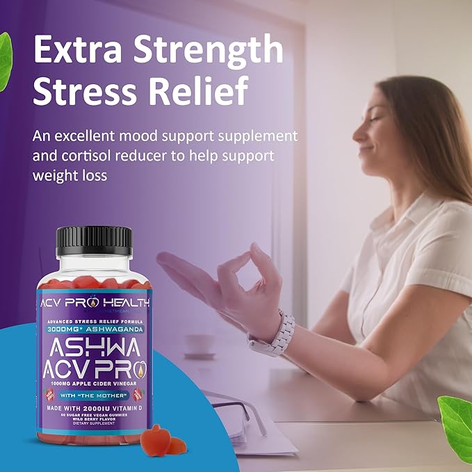 Ashwa ACV Pro Health - Sugar Free Apple Cider Vinegar Gummies, Ashwagandha Gummies, Advanced Keto ACV Gummies, Ashwagandha Supplements with Vitamin D, Stress Relief Supplement,1g Carbs Per Gummy Golo
