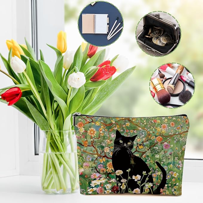 Floral Cat Makeup Bag Cat Gifts Cosmetic Bag Cat Lover Gifts for Women Girls Friend Daughter Cat Themed Gifts Cat Stuff Travel Organizer Zipper Pouch Graduation Birthday Friendship Gifts
