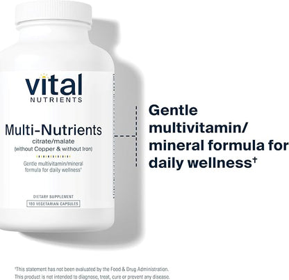 Vital Nutrients Multi-Nutrients 3|Vegetarian Multivitamin|Citrate/Malate Formula|Without Copper or Iron| Multi Vitamin, Mineral, & Antioxidant Supplement| Gluten, Dairy, Soy Free|Non-GMO|180 Capsules