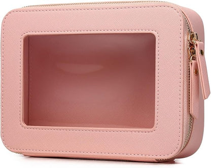 Clear Makeup Bag Transparent Travel Case for Cosmetics and Toiletries Women's Brush Bag and Clear Car Bag with Zipper (Pink, M+)