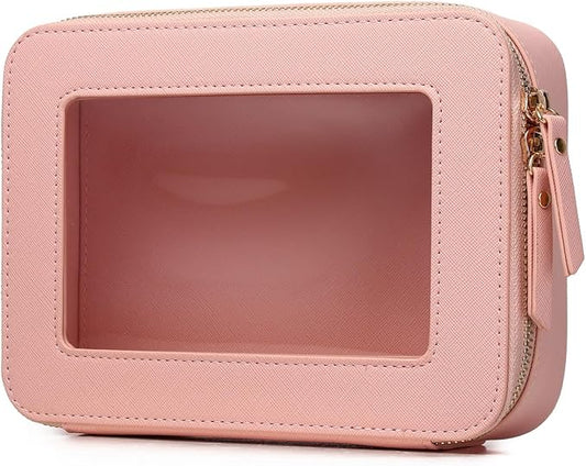 Clear Makeup Bag Transparent Travel Case for Cosmetics and Toiletries Women's Brush Bag and Clear Car Bag with Zipper (Pink, M+)
