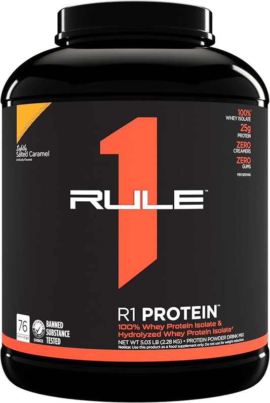 Rule One Proteins R1 Protein - 25g Fast-Acting, Super-Pure 100% Isolate and Hydrolysate Protein Powder with 6g BCAAs (5 Pounds*, Lightly Salted Caramel)