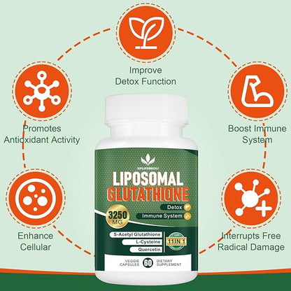 3250 MG Liposomal Glutathione Supplement,Reduced L-Glutathione with Resveratrol,Quercetin, Antioxidant Supplement for Immune System,Gluten Free & Non-GMO, 180 Capsules
