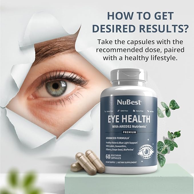 NuBest AREDS 2 Eye Vitamins Eye Health with Beta Carotene Carrot Powder, 20mg Lutein, 4mg Zeaxanthin, Bilberry, Grape Seed, BioPerine, B-Complex, Multivitamin for Eye Health - 120 Vegan Capsules