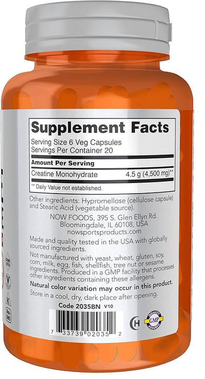 NOW Foods Sports Nutrition, Creatine Monohydrate 750 mg, Mass Building*/Energy Production*, 120 Veg Capsules