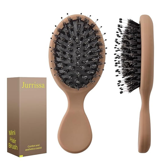 Mini Boar Bristles Hair Bursh, Travel Size Hair Brush for Women Men Kids, Protable Small Hair Brush for Pockets Purses, Mini Detangler Brush for Smooth Add Shine (1 Pack-Mocha)