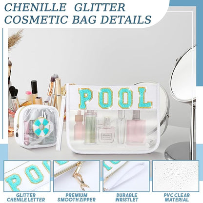 Hillban 2 Pcs Pool Bag Makeup Cosmetic Bag Clear Sunscreen Toiletry Zipper Pouch Beach Travel Summer Stuff Preppy Chenille Letter Patch Pouch PVC Waterproof Organizer Storage Mini Bogg Purse for Women