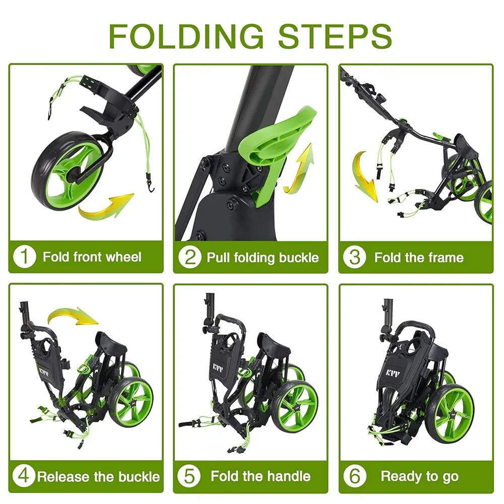 KVV 3 Wheel Golf Push Cart Ultra Lightweight Smallest Folding Size, New-Version Scorecard Holder