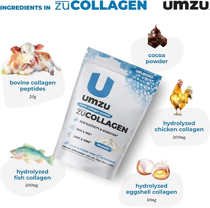 UMZU ZuCollagen Hydrolyzed Protein Powder | 5 Collagen Peptide Types for Healthy Hair, Skin, Nails, Joints & Gut | Low Calorie, High Protein (20g Protein per Serving | Chocolate)