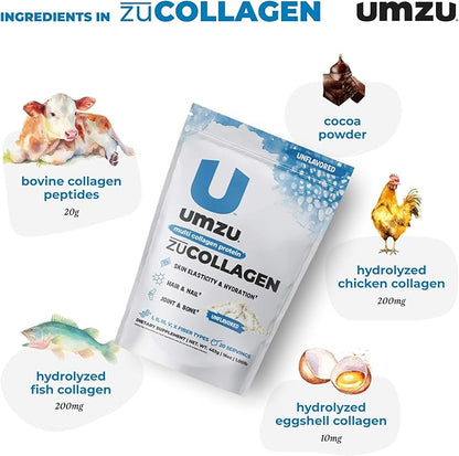 UMZU ZuCollagen Hydrolyzed Protein Powder | 5 Collagen Peptide Types for Healthy Hair, Skin, Nails, Joints & Gut | Low Calorie, High Protein (20g Protein per Serving | Chocolate)