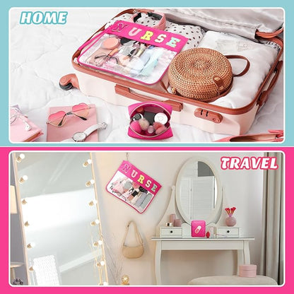 Hillban 2 Pcs Nurse Makeup Cosmetic Bag Nurse Appreciation Week Gift for Women Clear Chenille Letter Bag Toiletry Zipper Pouch Waterproof Travel Purse Survival Kit Storage Organizer Accessories