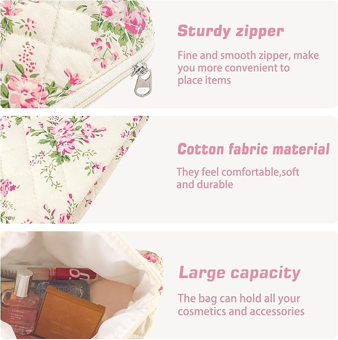 Quilted Makeup Bag Set 3 Pcs Cotton Cute Makeup Bags For Women Large Aesthetic Floral Cosmetic Bag Coquette Flower Makeup Pouch