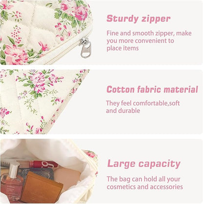 Quilted Makeup Bag Set 3 Pcs Cotton Cute Makeup Bags For Women Large Aesthetic Floral Cosmetic Bag Coquette Flower Makeup Pouch